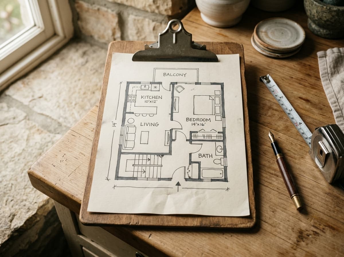 Plan manuscrit sur clipboard posé sur un comptoir de cuisine — étape 01 du repérage Wagener.